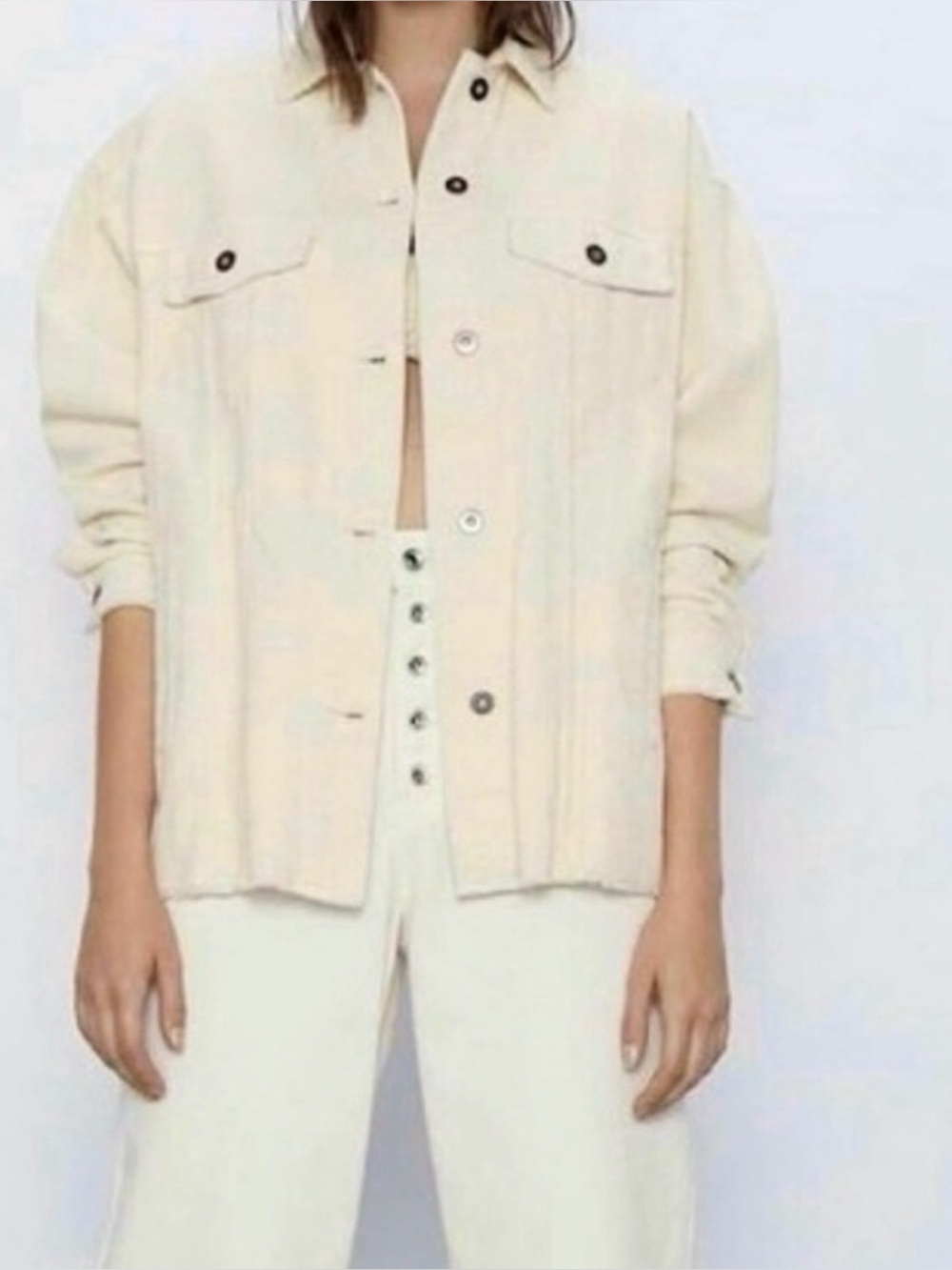 Zara Corduroy Women's Cream Button-Front Shirt Jacket size XS oversized